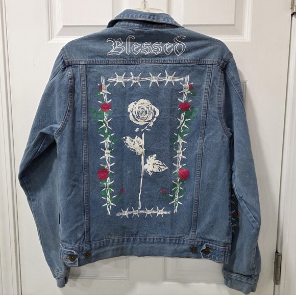 Brooklyn Cloth "Blessed" Rose Barbed Wire Graphic Men's Denim Jacket - Size S - Picture 4 of 5